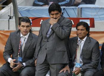 Argentina's coach Diego Maradona reacts in quarter-final match against Germany